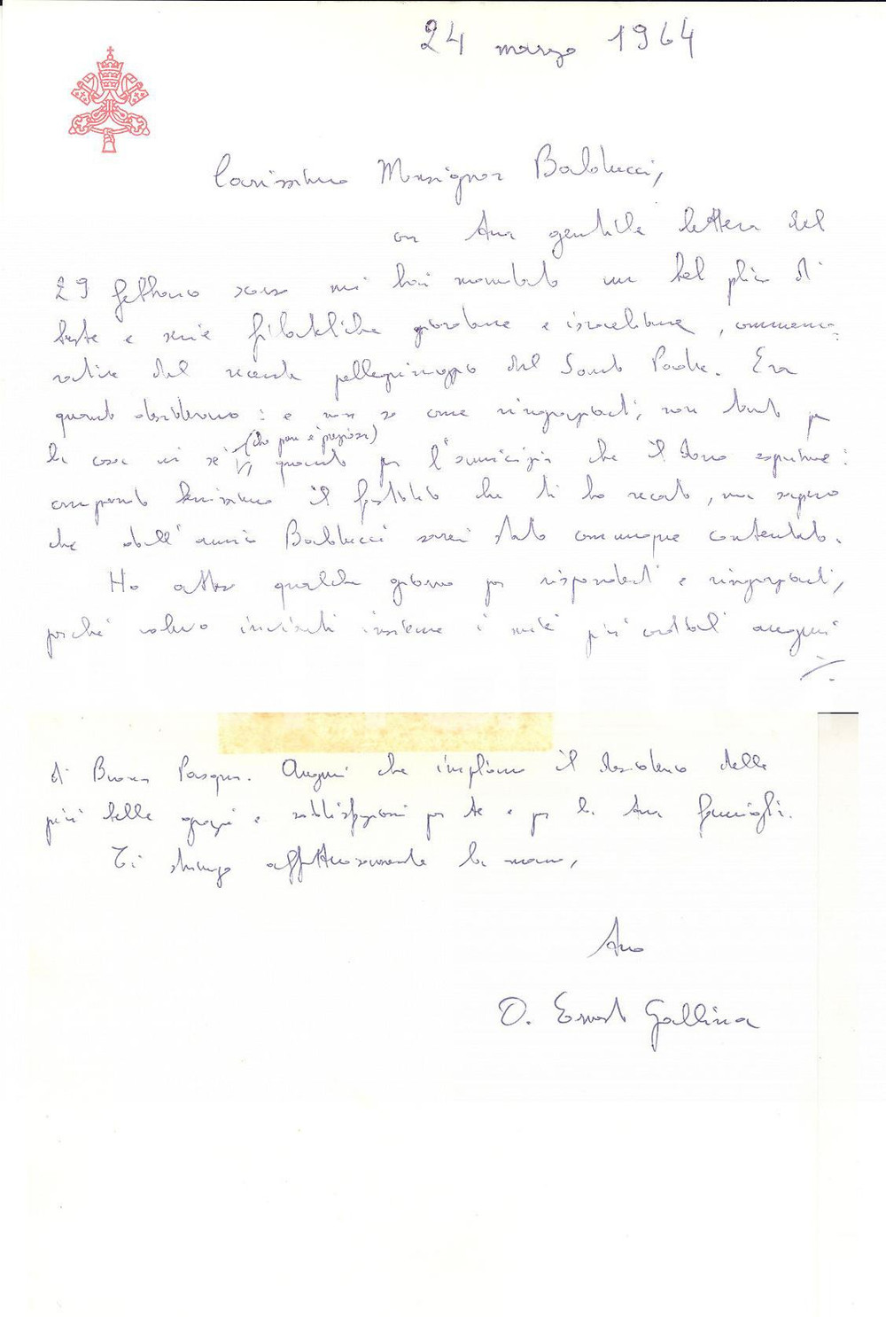 Autografo originale 1964 ROMA Mons. Ernesto GALLINA ringrazia per serie filateliche Autografo 1