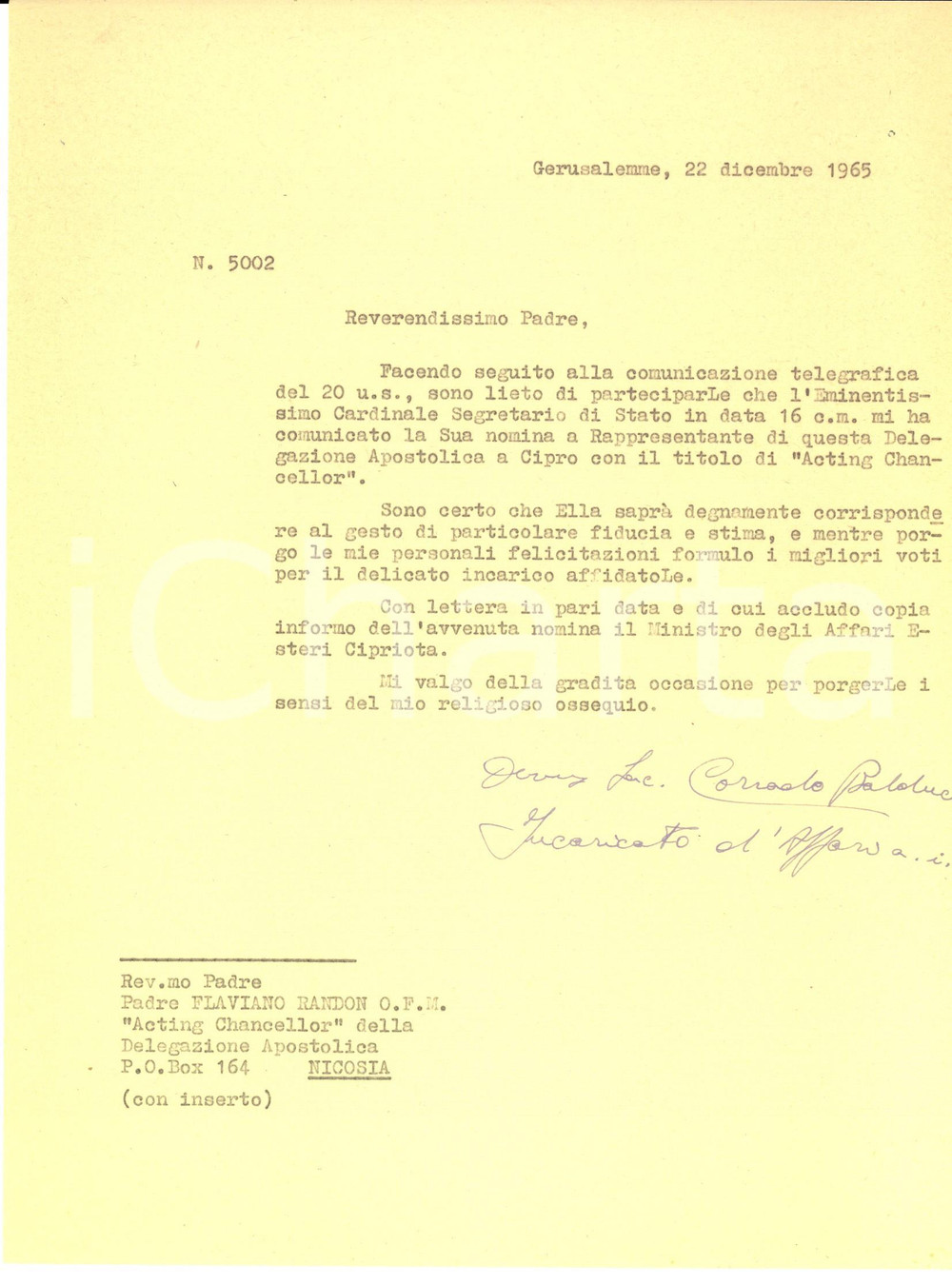 Autografo originale 1965 GERUSALEMME Mons. Corrado BALDUCCI a padre Flaviano RANDON Autografo 1