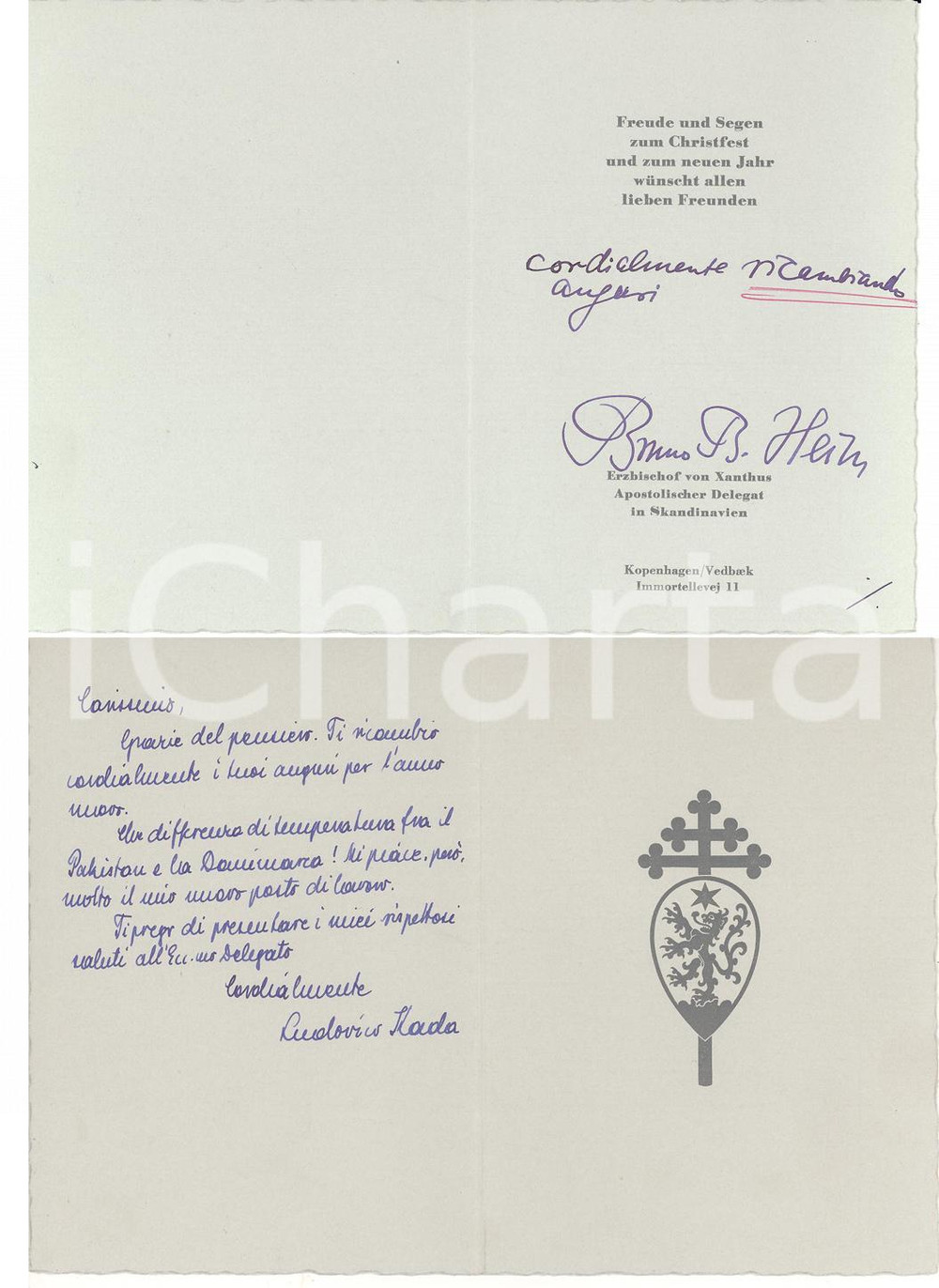 Autografo originale 1962 COPENAGHEN Auguri mons. Bruno Bernard HEIM a mons. Ludovico KADA Autografi 1
