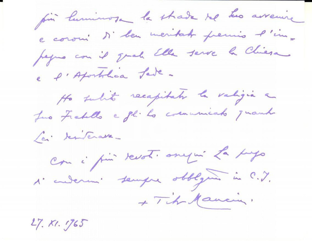 Autografo originale 1965 ROMA Ringraziamenti mons. Tito MANCINI dopo viaggio in Terrasanta 1