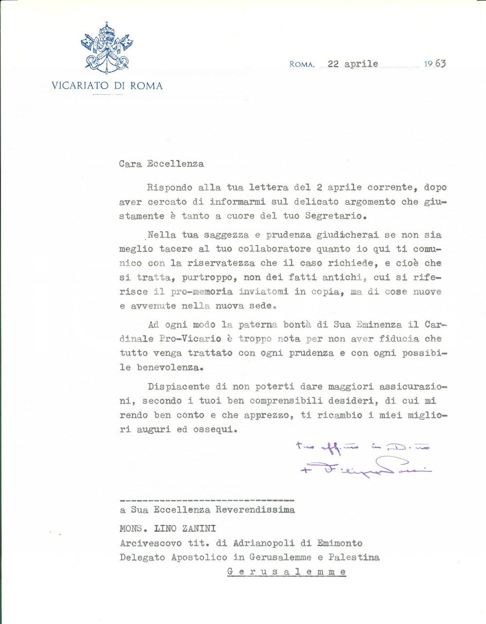 Autografo originale 1963 VICARIATO DI ROMA Mons. Filippo POCCI su un caso delicato Autografo 1