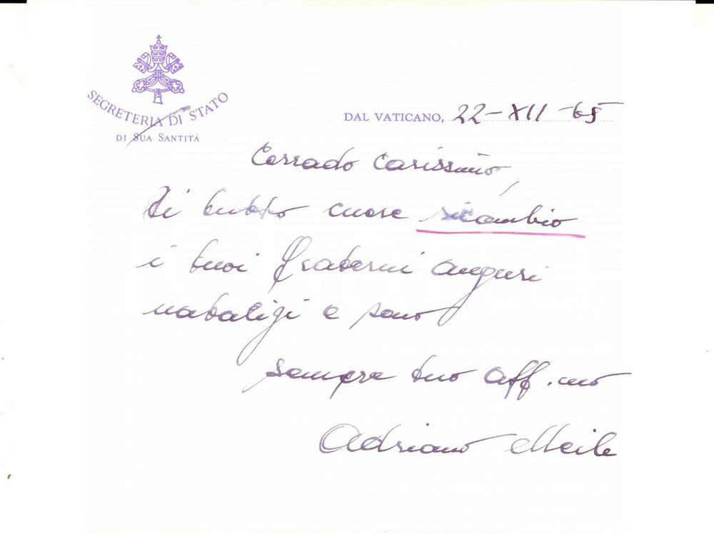 Autografo originale 1965 ROMA Auguri di mons. Adriano MEILE Biglietto AUTOGRAFO 1