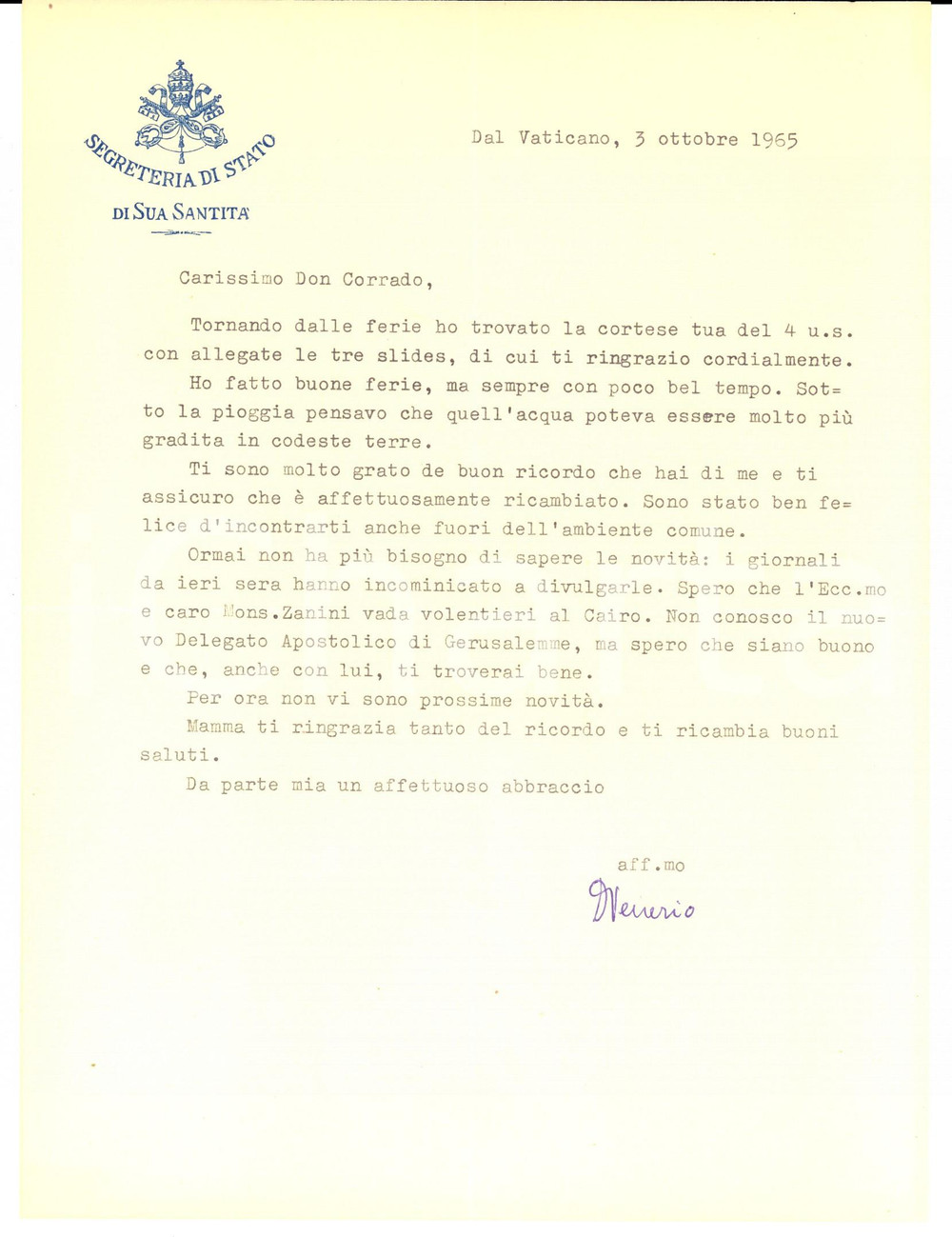 Autografo originale 1965 ROMA Mons. Lino ZANINI destinato al Cairo Autografo mons. Venerio MAZZI 1