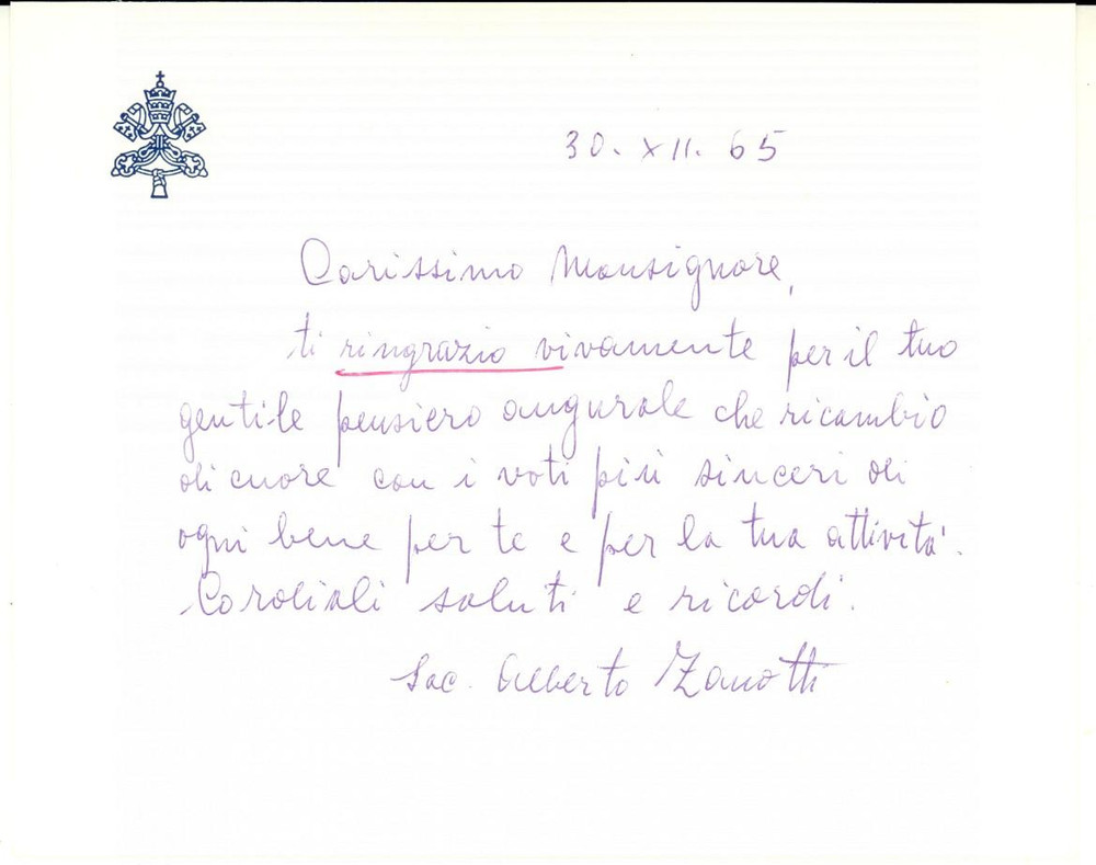 Autografo originale 1965 ROMA Biglietto augurale mons. Alberto ZANOTTI Autografo 1