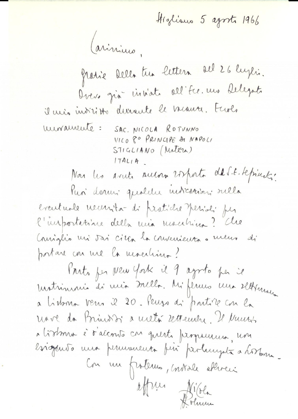 Autografo originale 1966 STIGLIANO MT Mons. Nicola ROTUNNO prossimo alla partenza Autografo 1