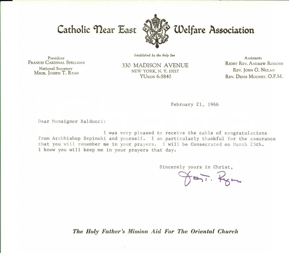 Autografo originale 1966 NEW YORK Mons. John Joseph RYAN Catholic Near East Welfare Association 1