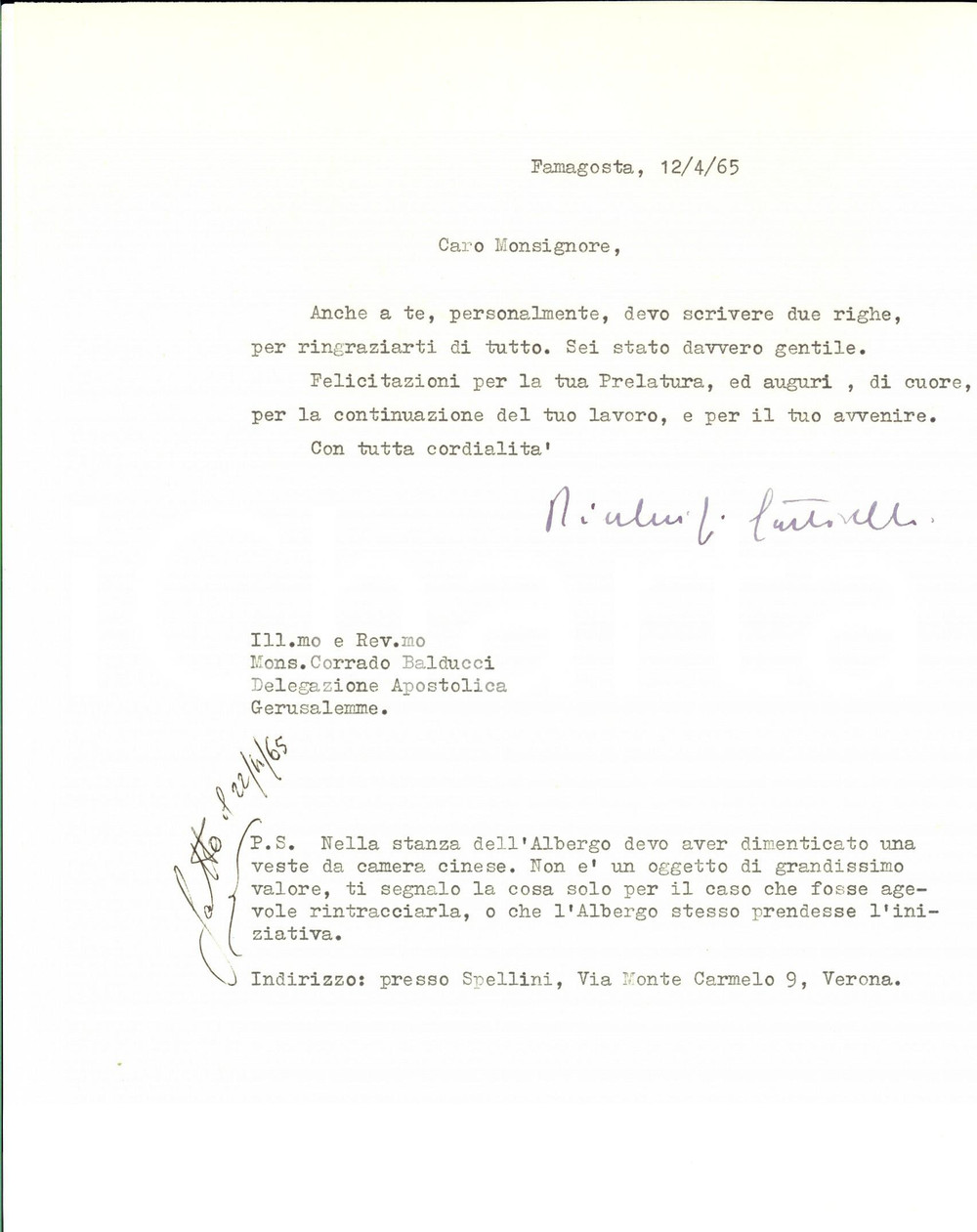 Autografo originale 1965 FAMAGOSTA CIPRO Ringraziamenti mons. Pierluigi SARTORELLI Autografo 1