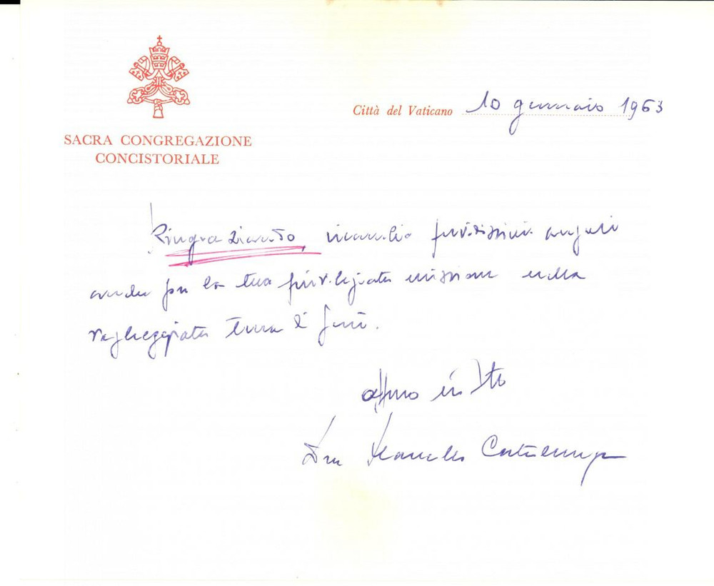 Autografo originale 1963 VATICANO Auguri mons. Marcello COSTALUNGA Sacra Congregazione Concistorale 1