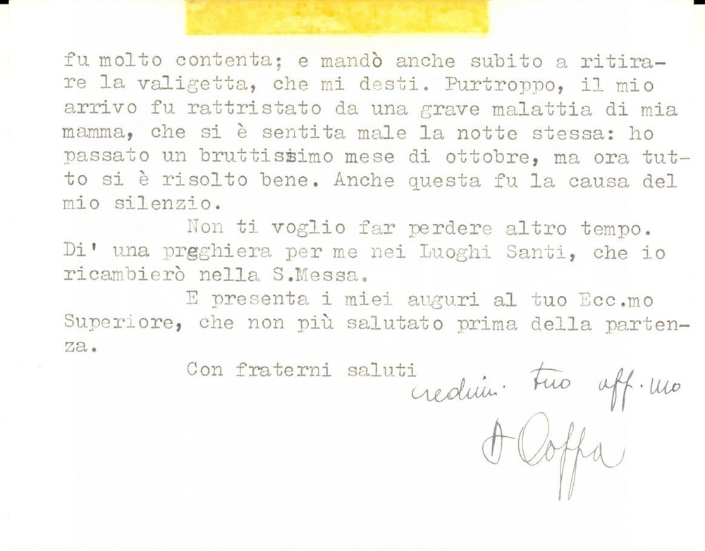 Autografo originale 1963 VATICANO Biglietto di mons. Giovanni COPPA Autografo 1