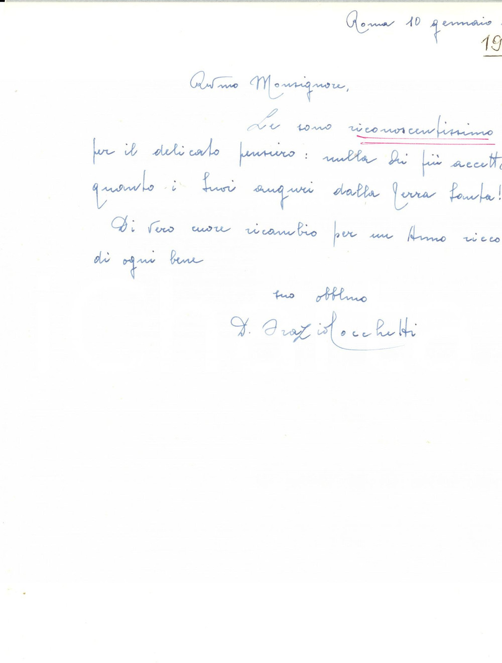 Autografo originale 1962 ROMA Lettera di auguri di mons. Orazio COCCHETTI Autografo 1