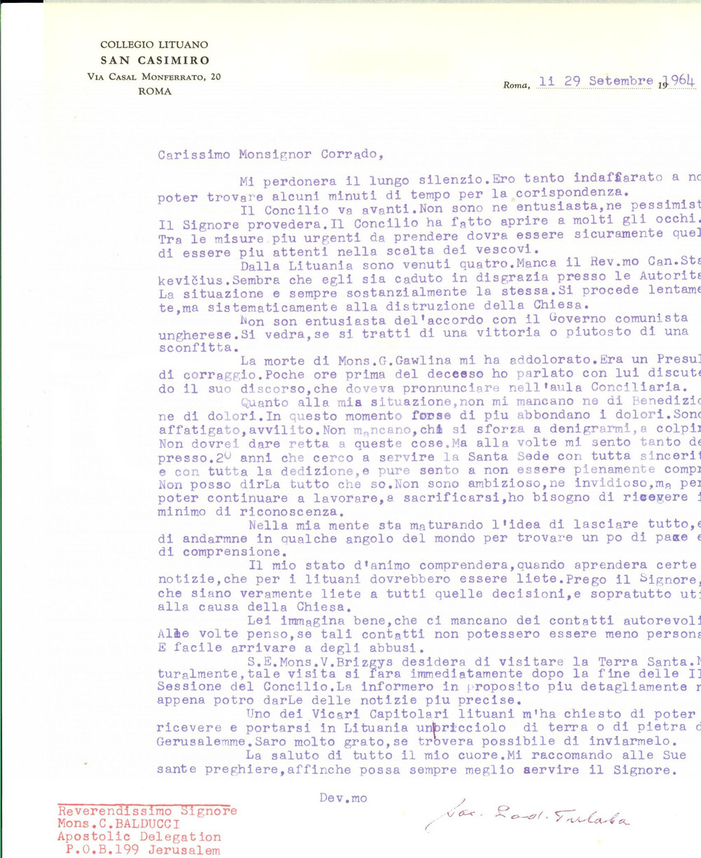 Autografo originale 1964 ROMA Collegio LITUANO Mons. Ladislao TULABA sul Concilio Vaticano II 1