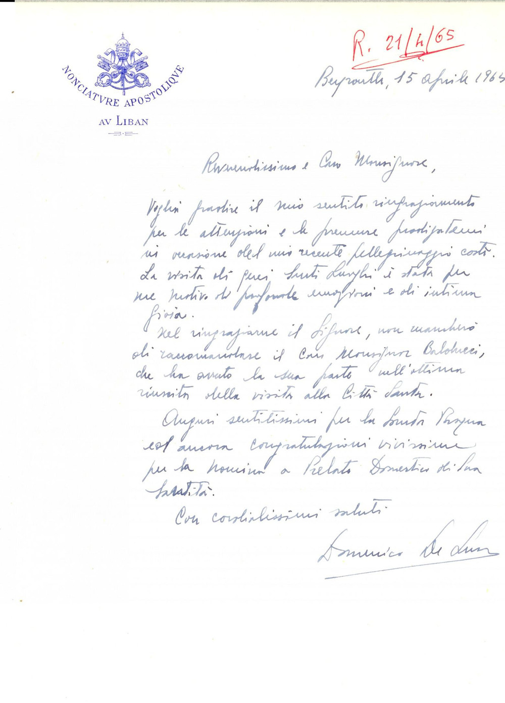 Autografo originale 1965 BEIRUT Mons. Domenico DE LUCA dopo il viaggio in Terra Santa Autografo 1