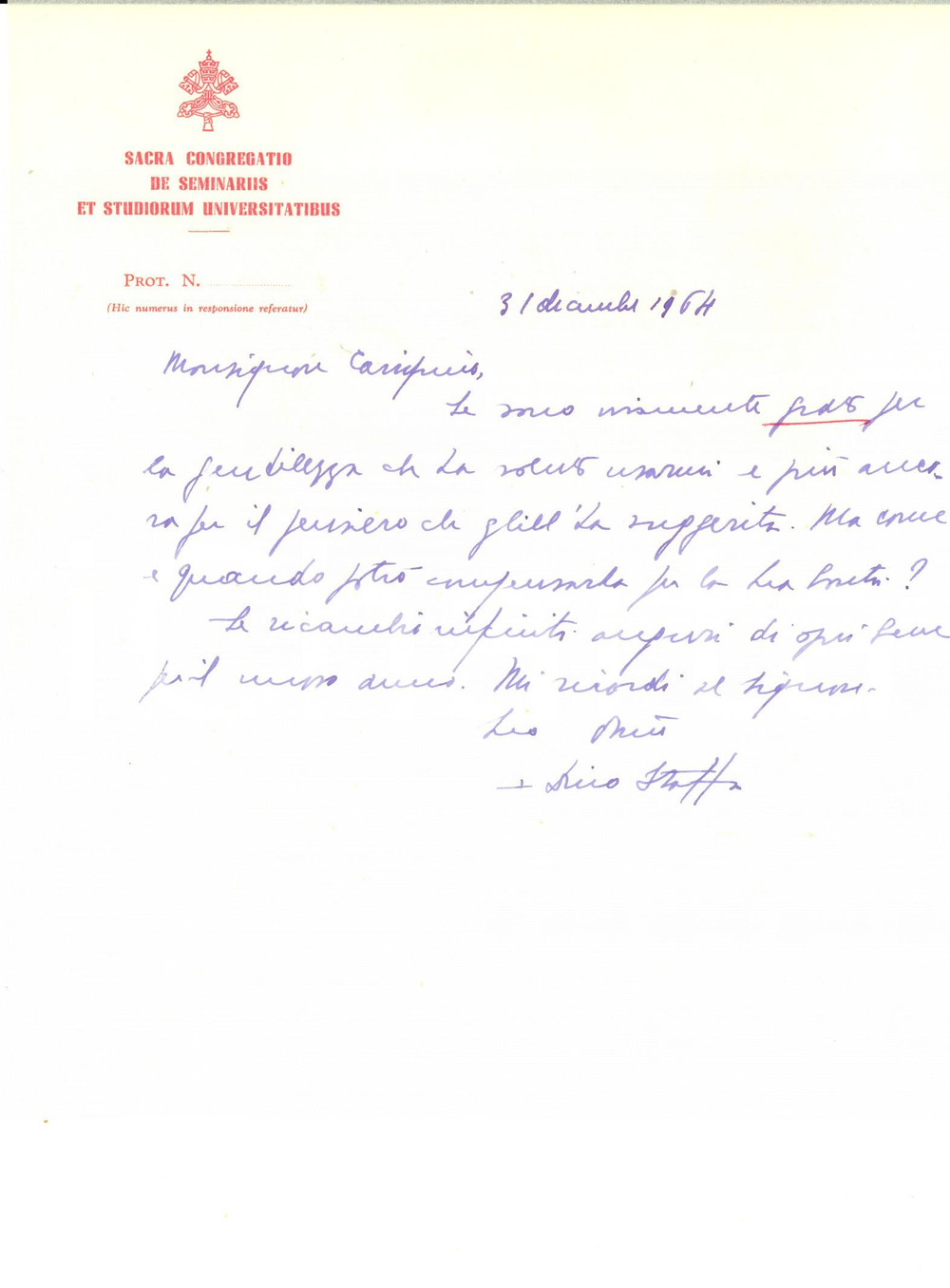 Autografo originale 1964 ROMA Sacra Congregatio de Seminariis  Auguri card. Dino STAFFA Autografo 1
