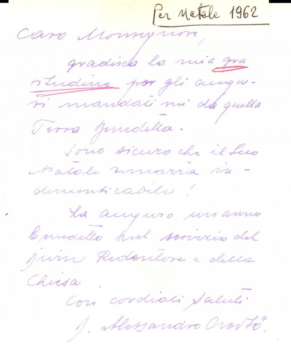 Autografo originale 1962 ROMA Auguri natalizi di mons. Alessandro CSERTO Autografo 1