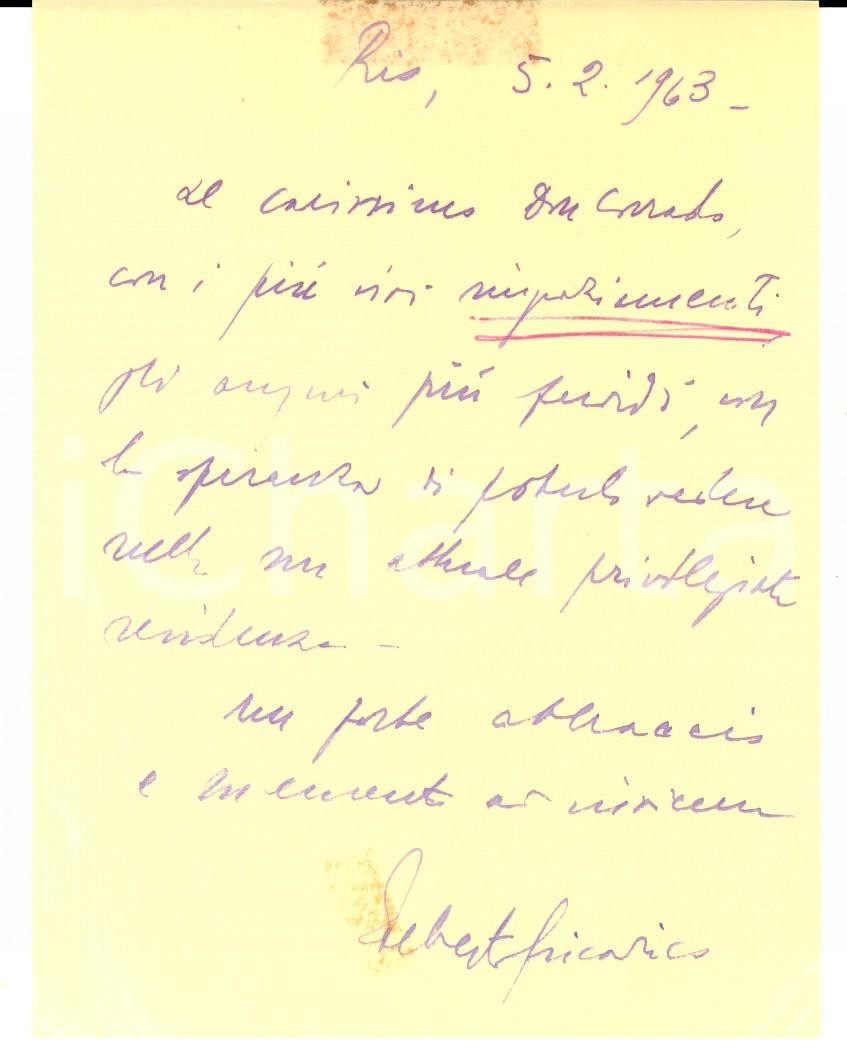 Autografo originale 1963 RIO DE JANEIRO BRASILE Ringraziamenti mons. Alberto TRICARICO Autografo 1
