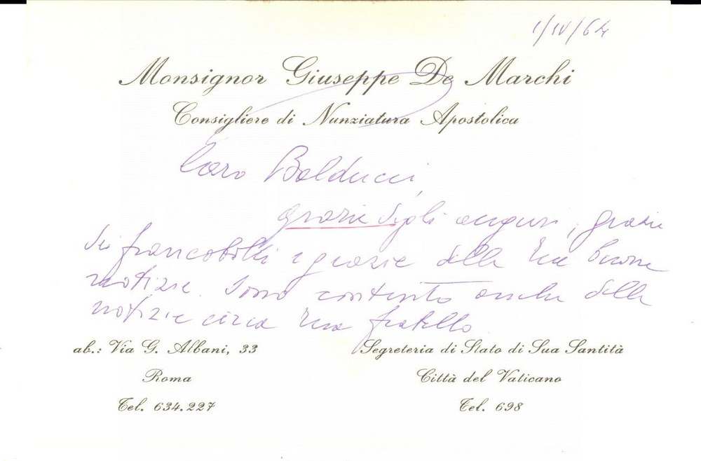 Autografo originale 1964 ROMA Auguri mons. Giuseppe DE MARCHI Nunziatura Apostolica Autografo 1