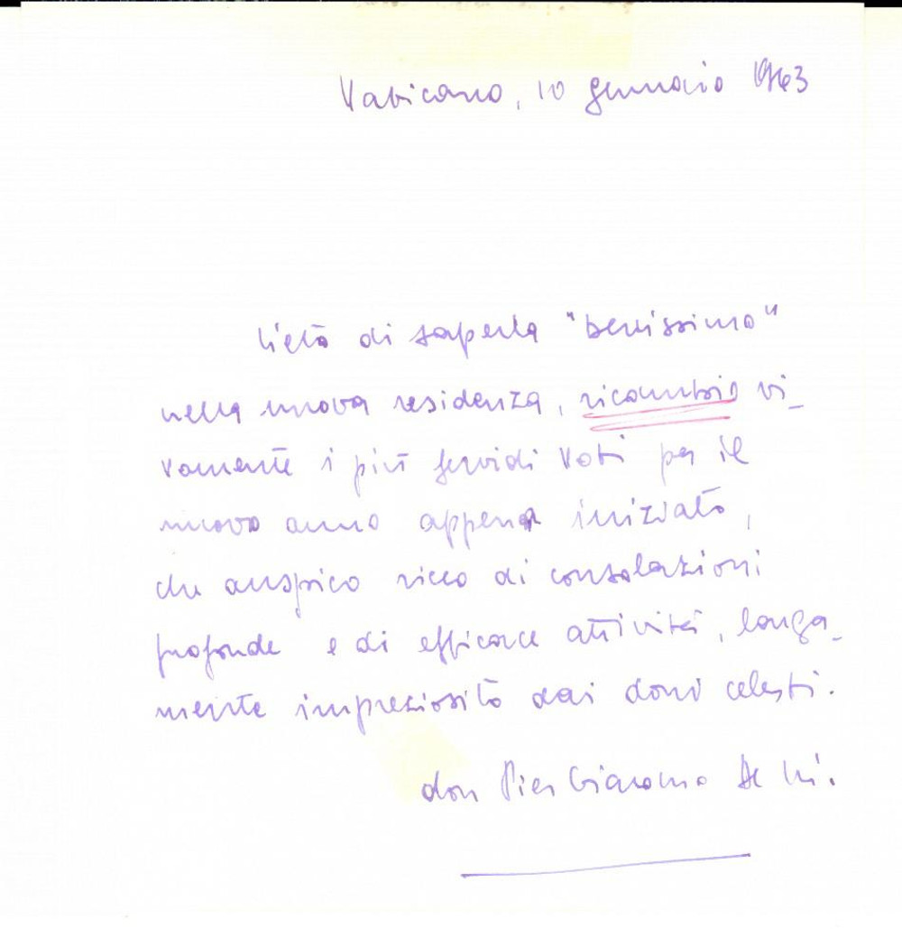 Autografo originale 1963 VATICANO Auguri di mons. Pier Giacomo DE NICOLO  Autografo 1