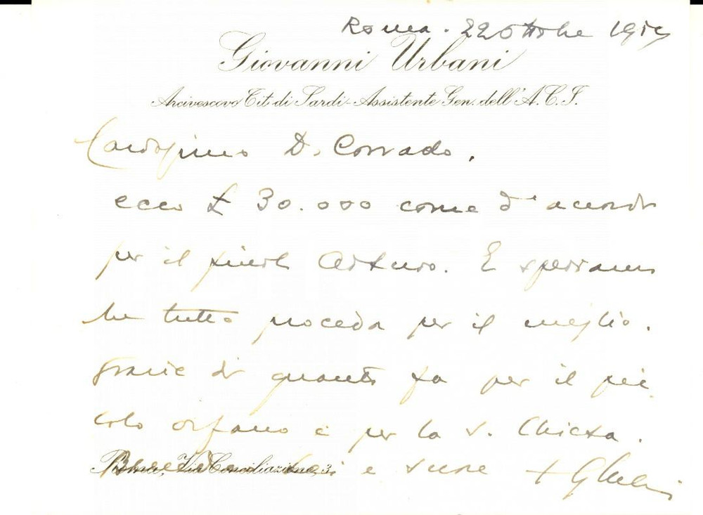 Autografo originale 1957 ROMA Card. Giovanni URBANI preoccupato per un orfano AUTOGRAFO 1