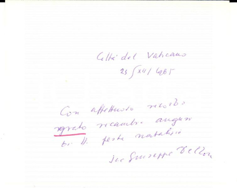 Autografo originale 1965 CITTA  DEL VATICANO Auguri natalizi di mons. Giuseppe DEL TON Autografo 1