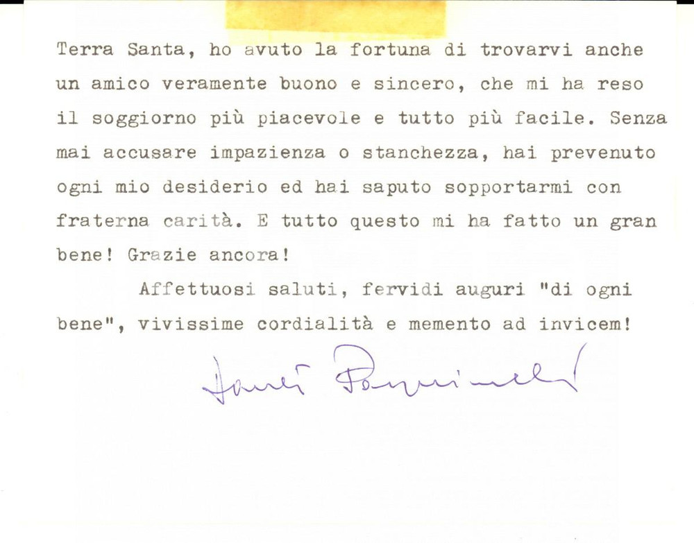 Autografo originale 1965 VATICANO Mons. Dante PASQUINELLI al ritorno dalla Terrasanta AUTOGRAFO 1