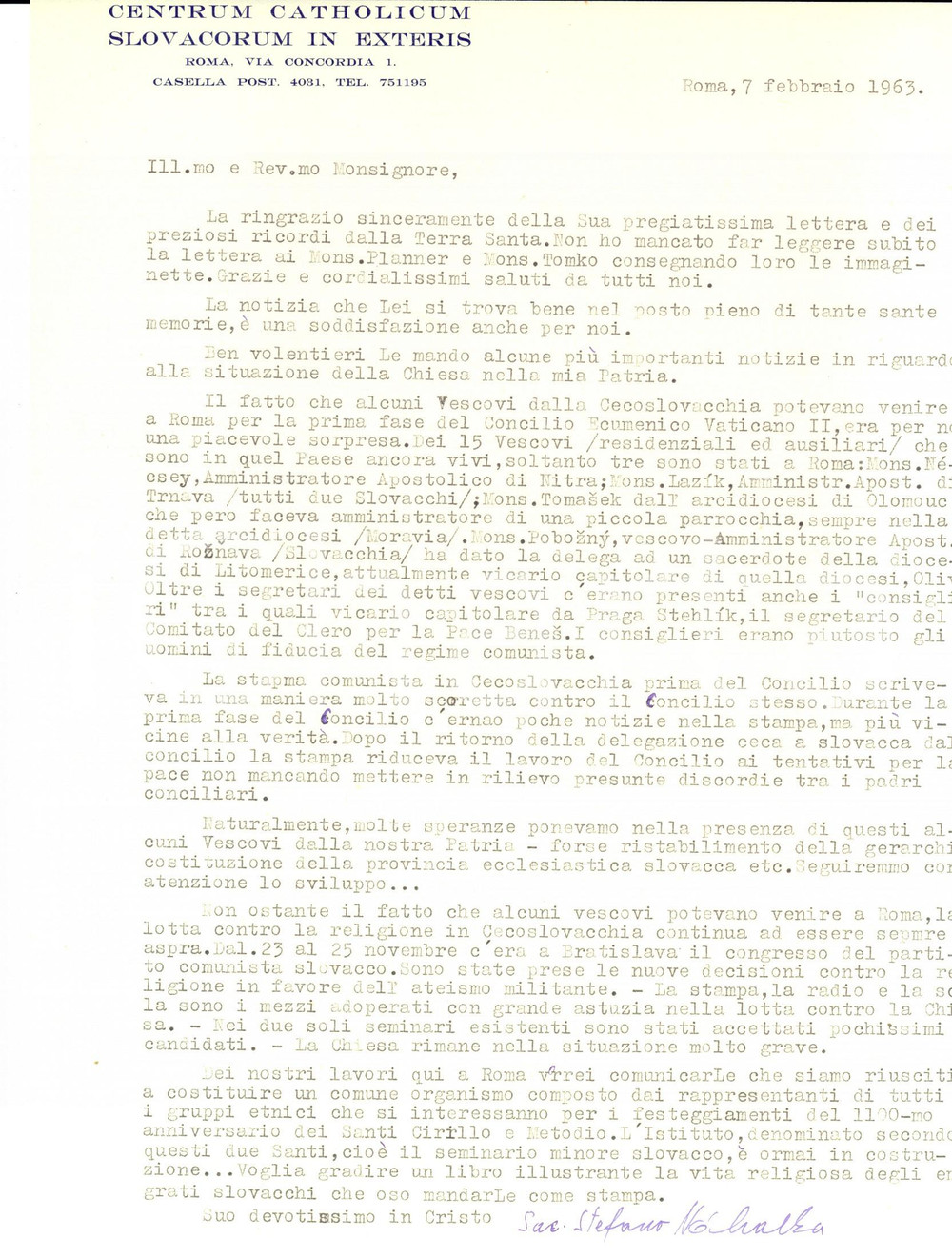 Autografo originale 1963 ROMA Comunismo in Cecoslovacchia contro la religione Mons. Stefan NAHALKA 1