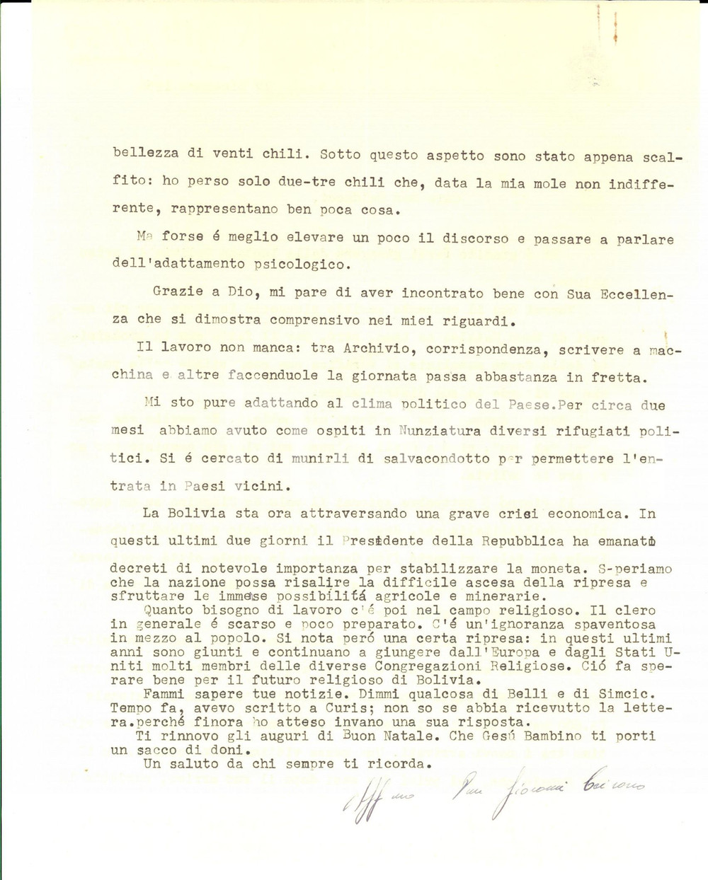 1956 LA PAZ Mons. Giovanni CEIRANO sulla situazione in Bolivia *Autografo