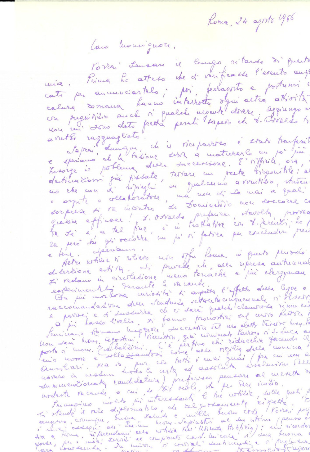 Autografo originale 1966 ROMA Mons. Remigio RAGONESI sul nuovo rettore del Seminario Autografo 1