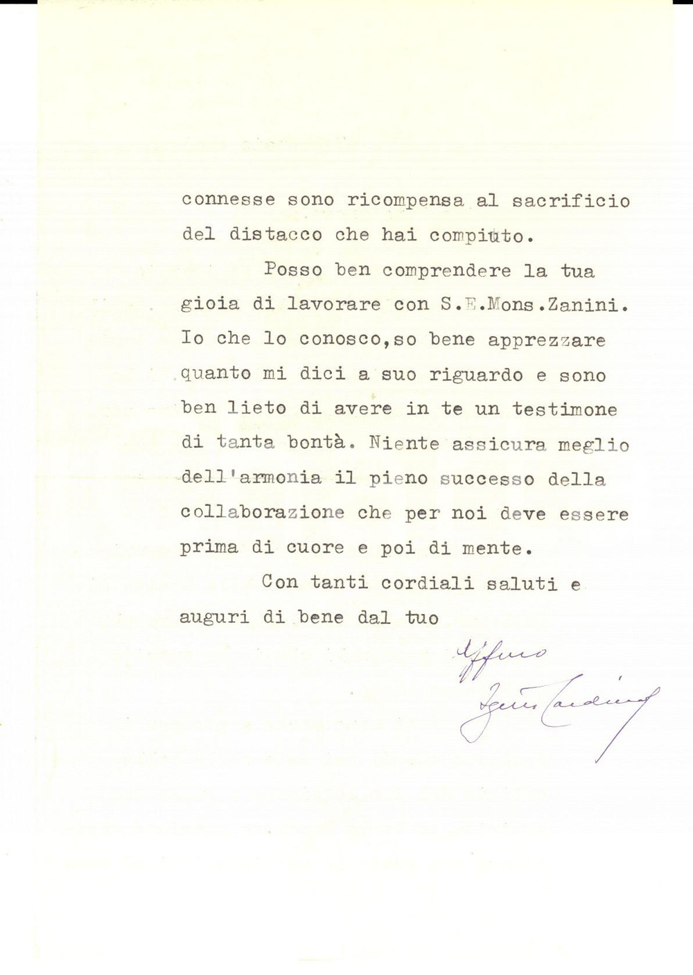 Autografo originale 1963 ROMA Mons. Igino CARDINALE elogia mons. Lino ZANINI Autografo 1