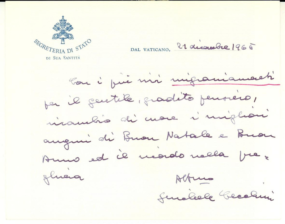Autografo originale 1965 CITTA  DEL VATICANO Biglietto di auguri mons. Michele CECCHINI Autografo 1