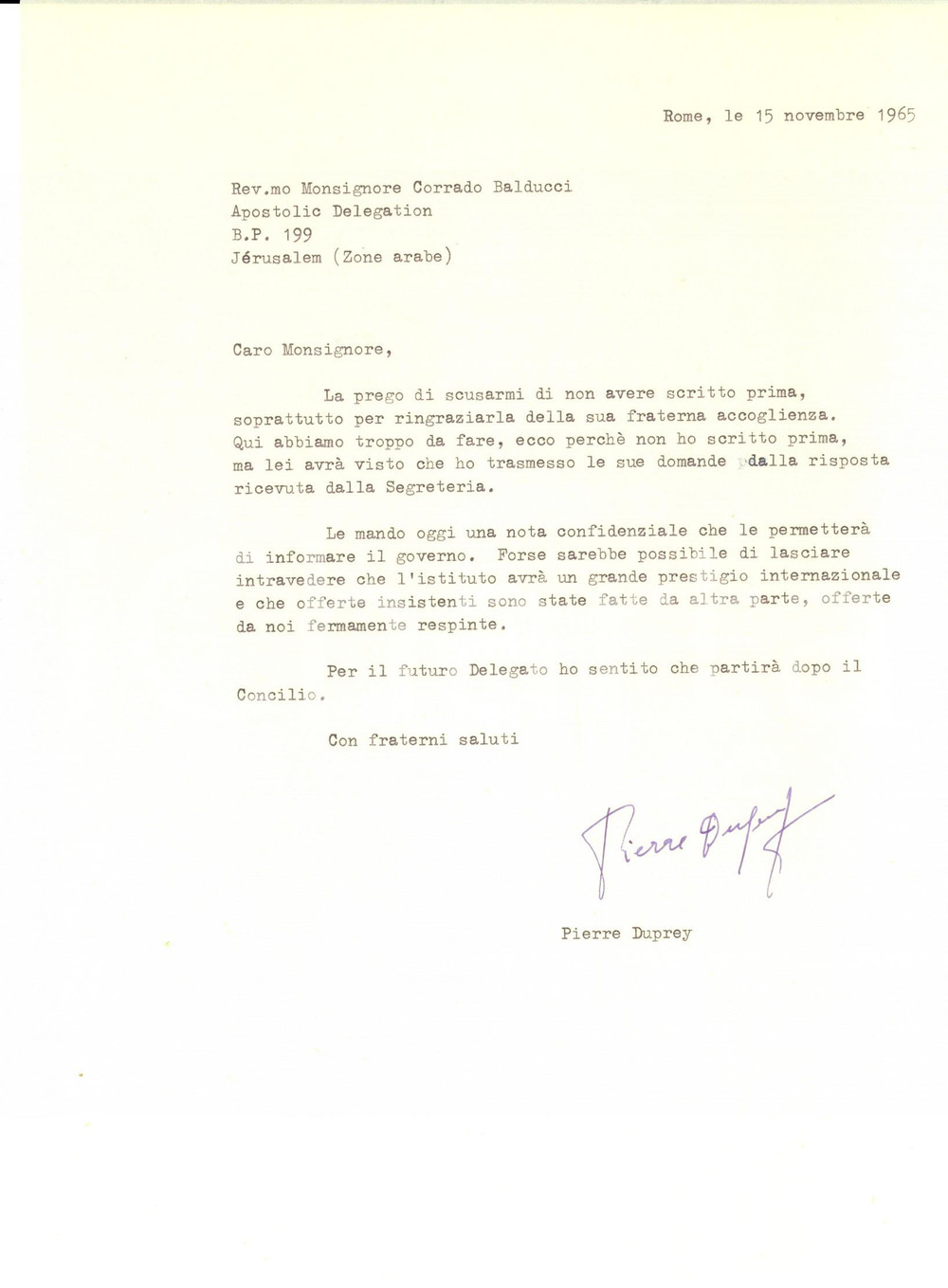 Autografo originale 1965 ROMA Mons. Pierre DUPREY sul destino di un istituto Autografo 1