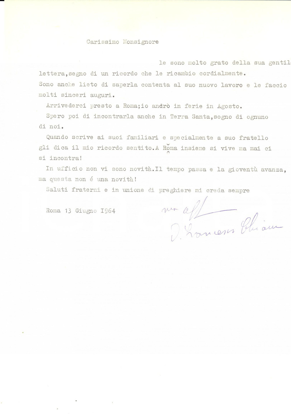 Autografo originale 1965 ROMA Lettera di auguri mons. Francesco CHIAURRI Autografo 1