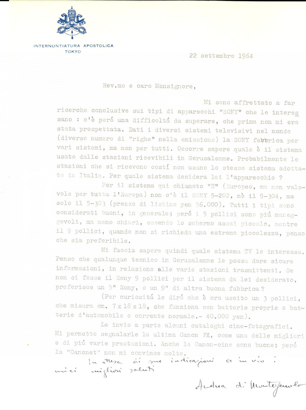 Autografo originale 1964 TOKYO JAPAN Card. Alberto DI MONTEZEMOLO su apparecchi SONY Autografo 1