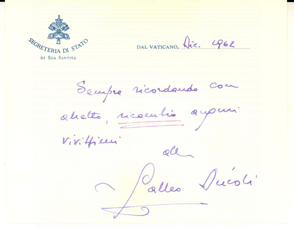 1962 CITTA' DEL VATICANO Biglietto di auguri mons. Maffeo DUCOLI *Autografo 