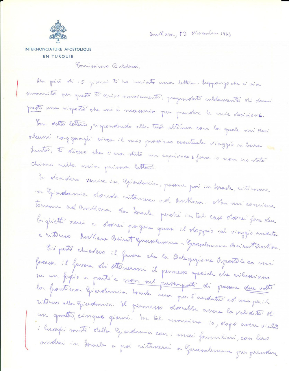 Autografo originale 1964 ANKARA TURCHIA Mons. Antonio CALAMONERI organizza  viaggio in Giordania 1