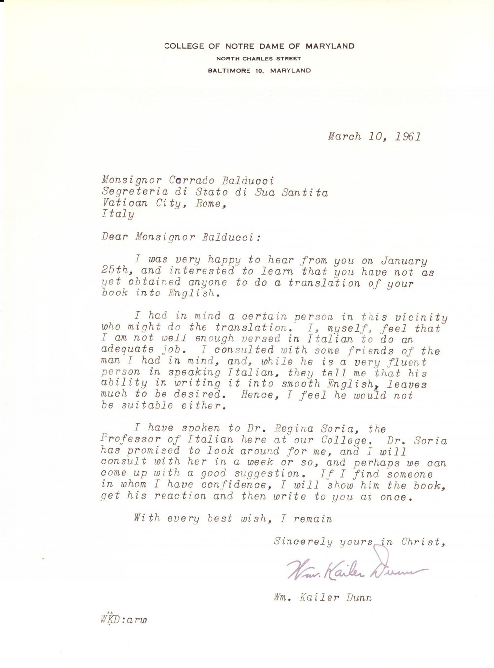Autografo originale 1961 BALTIMORE USA Notre Dame of MARYLAND Letter William Kailer DUNN Autograph 1