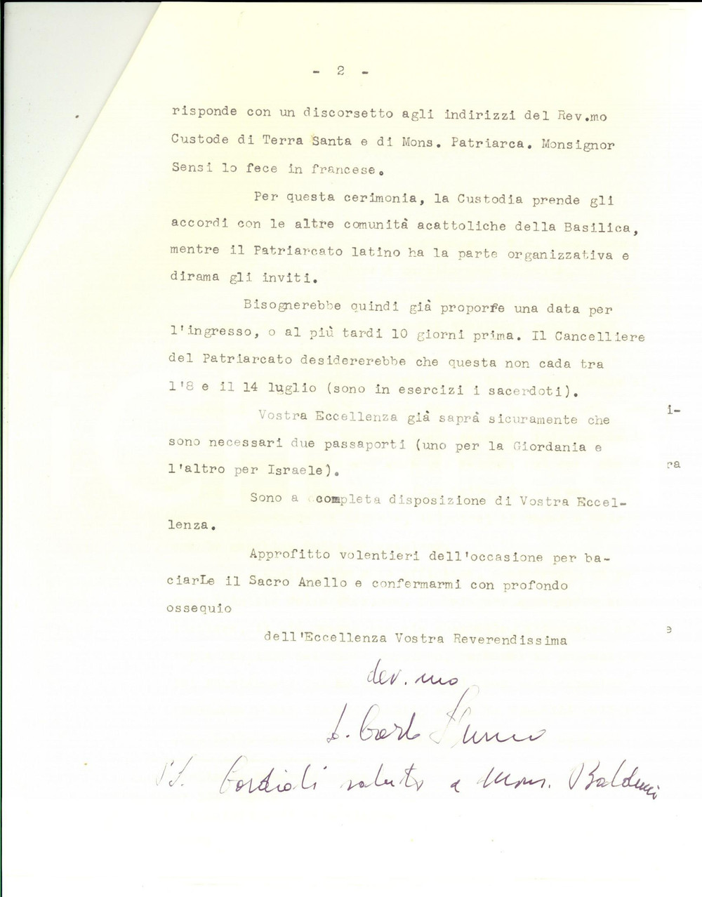 Autografo originale 1962 GERUSALEMME Mons. Carlo FURNO e il cerimoniale diplomatico AUTOGRAFO 1