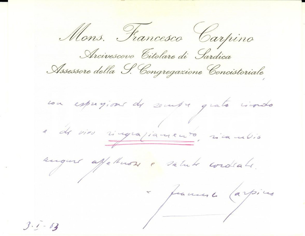 Autografo originale 1963 ROMA Ringraziamenti del card. Francesco CARPINO Biglietto AUTOGRAFO 1