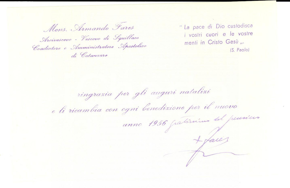 Autografo originale 1956 ROMA Auguri mons. Armando FARES vescovo di Squillace AUTOGRAFO 1