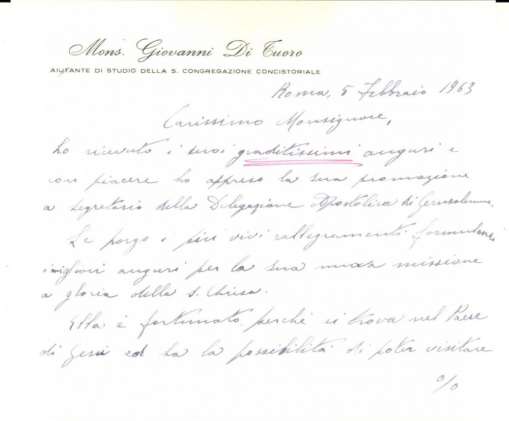 Autografo originale 1963 ROMA Mons. Giovanni DI TUORO Sacra Congregazione Concistoriale AUTOGRAFO 1