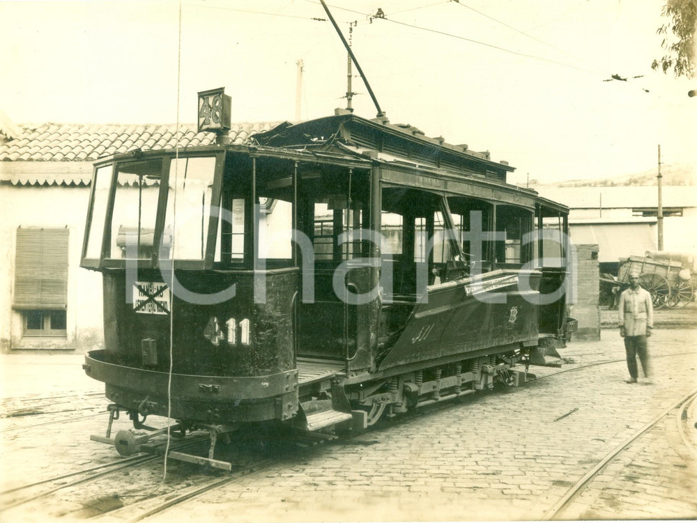 Fotografia d epoca originale 1926 BARCELONA Il vagone 411 del tram distrutto da una pietra franata Fotografia 1
