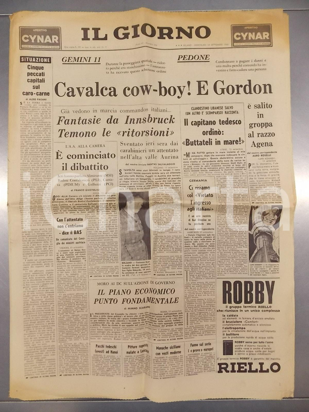 Giornale, rivista storica 1966 IL GIORNO Astronauta Richard GORDON sale in groppa al razzo GEMINI 11 1