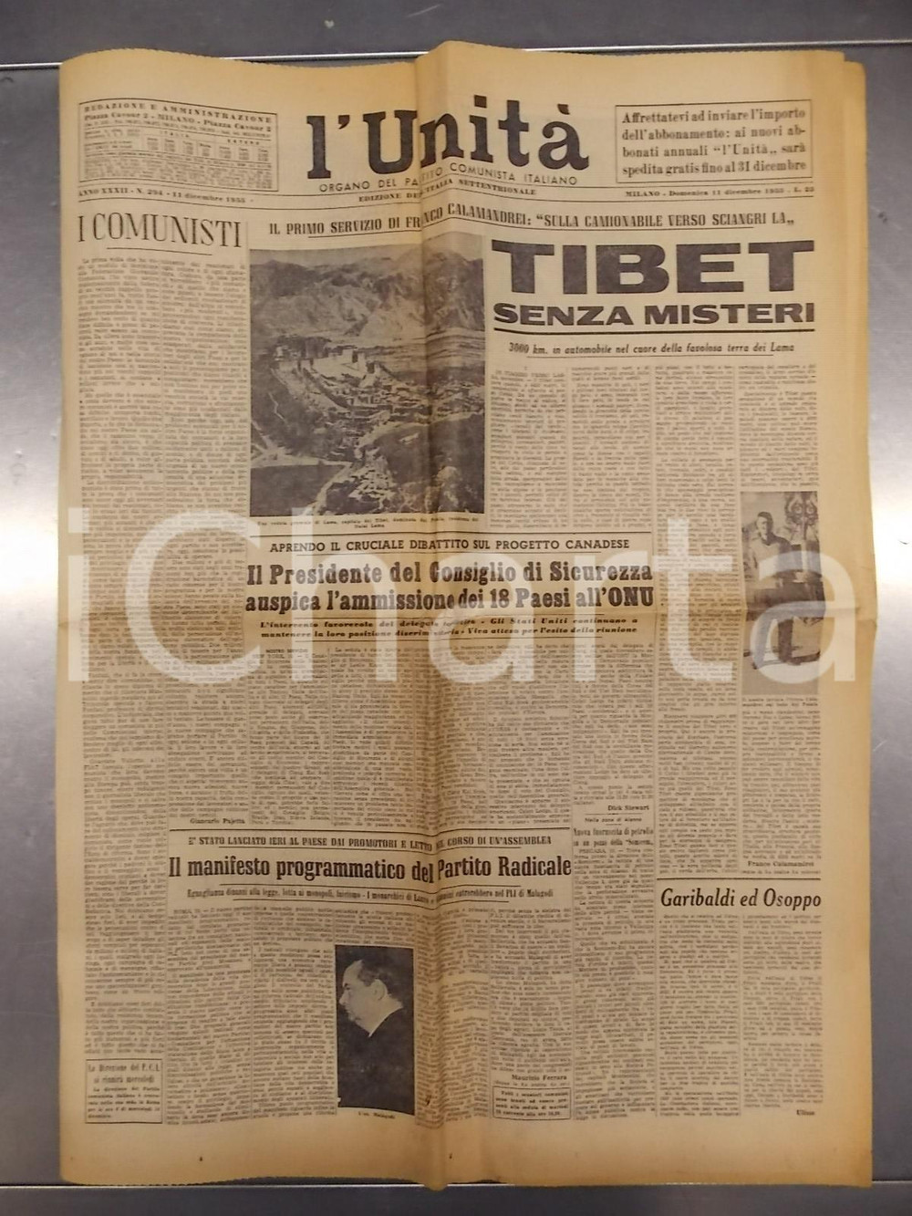Giornale, rivista storica 1955 L UNITA  Franco CALAMANDREI sulla camionabile di SHANGRILA in TIBET 1