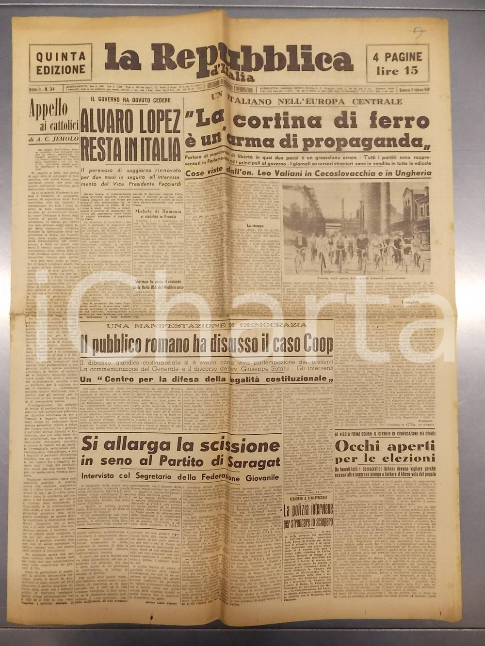 Giornale, rivista storica 1948 LA REPUBBLICA D ITALIA Cortina di ferro é un arma di propaganda Giornale 1