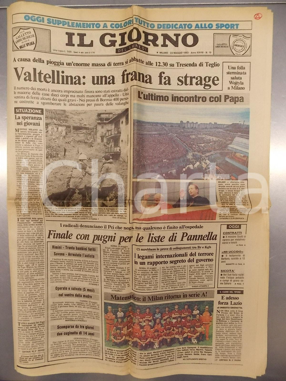 Giornale, rivista storica 1983 IL GIORNO Frana in VALTELLINA sommerge TRESENDA DI TEGLIO Giornale 1