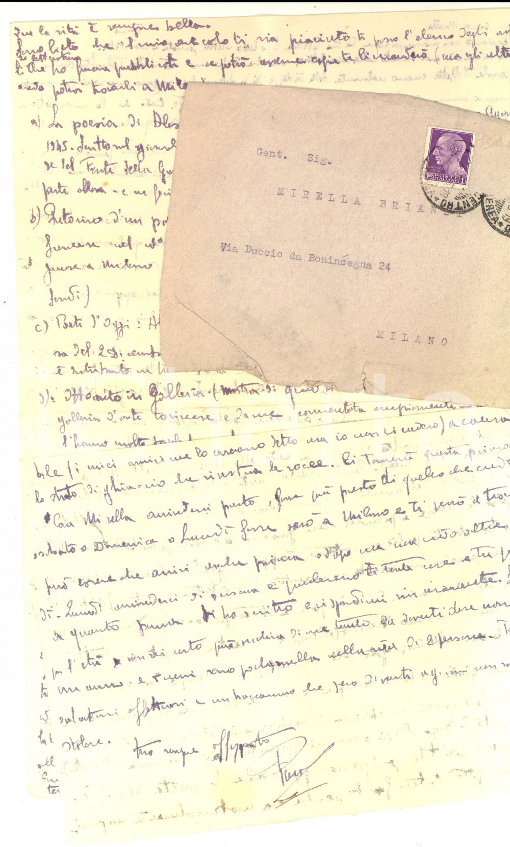 Autografo originale 1944 TORINO Pietro RIGOLA e la propria bibliografia Autografo a Mirella BRIANZI 1