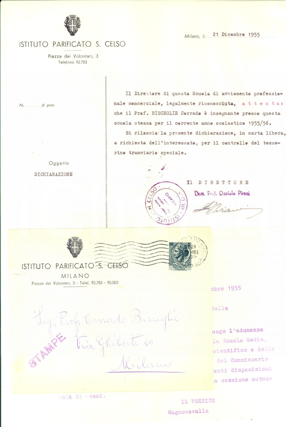 Manoscritto, lettera originale 1955 MILANO Istituto SAN CELSO Certificato per insegnante Corrado BISCEGLIE 1