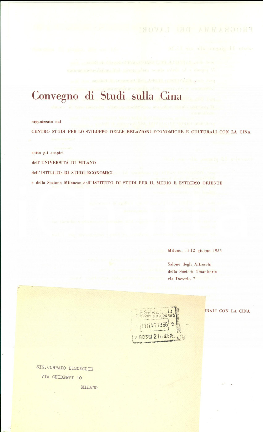 Oggetto da collezione cartaceo 1966 UNIVERSITA  DI MILANO Convegno di studi sulla Cina Programma 1