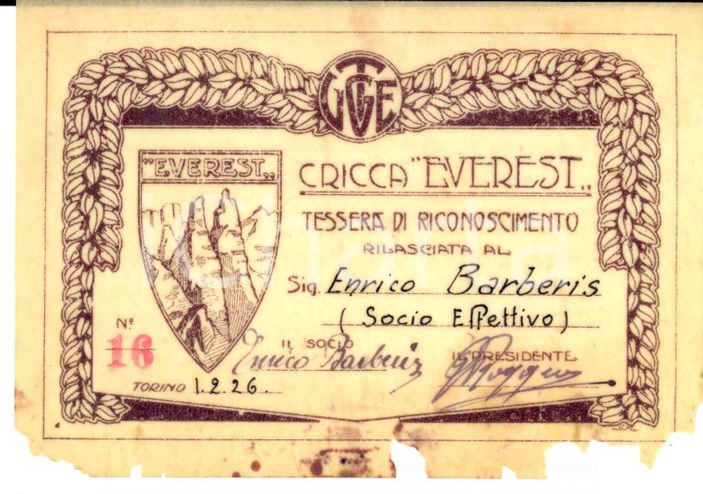 Oggetto da collezione cartaceo 1926 TORINO ALPINISMO Cricca EVEREST  Tessera socio Enrico BARBERIS 1