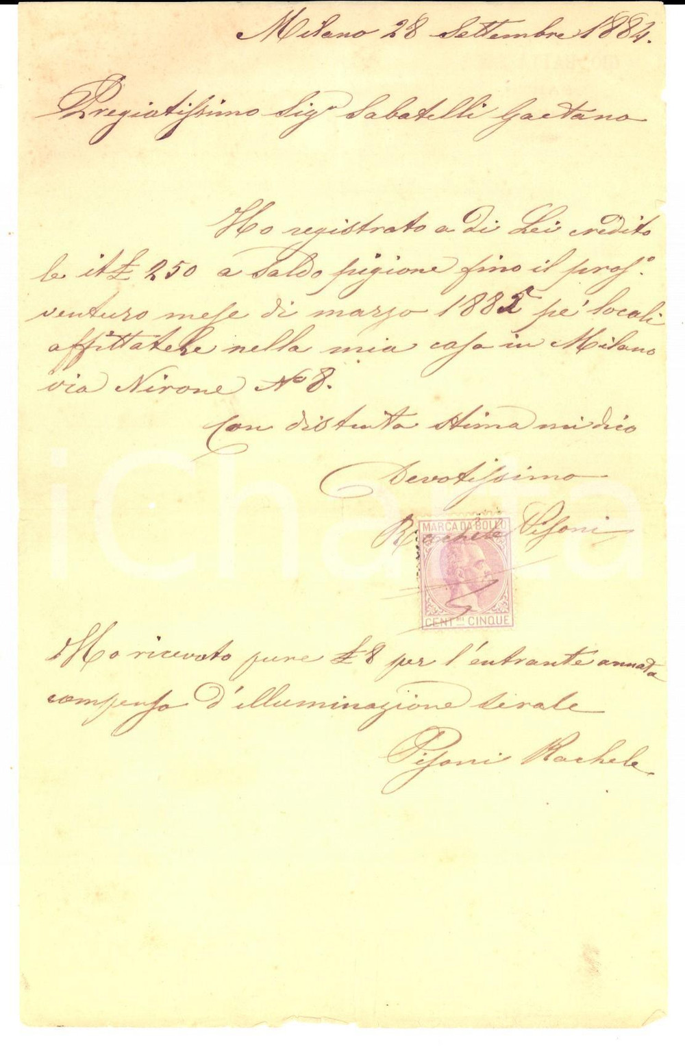 Documento originale, autentico 1884 MILANO Rachele PISONI riceve saldo da Gaetano SABATELLI per pigione e luce 1