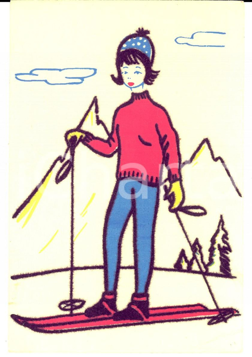 Cartolina originale da collezione 1970 ca SCI Una bella atleta sulle piste Cartolina VINTAGE RICAMATA 1